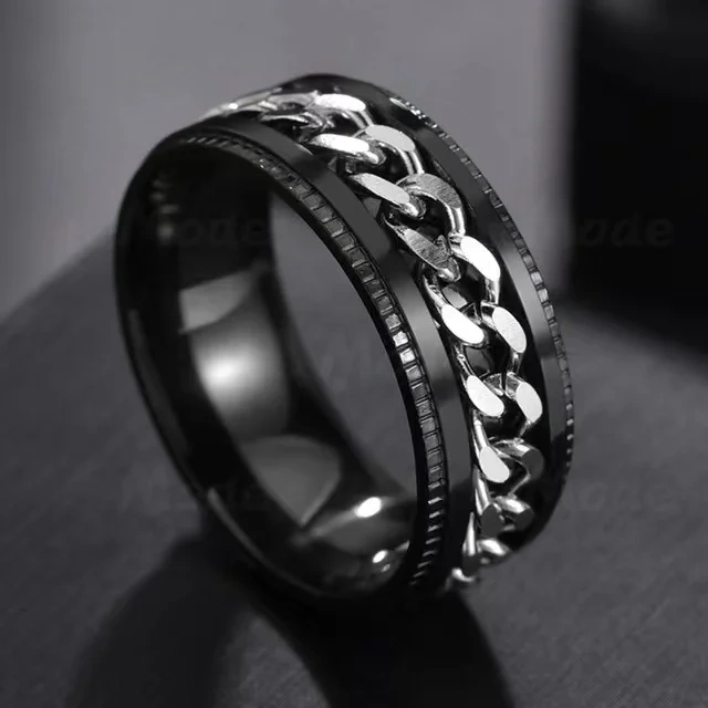 Tik Tok Cool Chain Inlaid Stainless Steel Spinner Rings Popular Wide Stress Relieving Anxiety Fidget Rings for Men