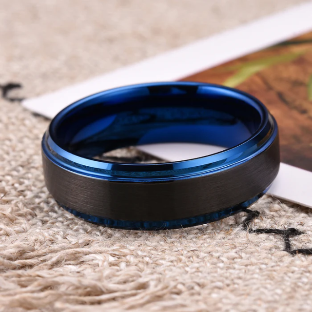 Blue & Black Top Tungsten Ring - Brushed Beveled Stepped Edge