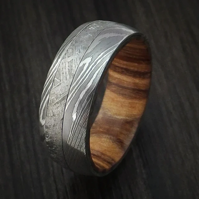 Factory Sell Custom Damascus Steel Ring with Wood Inlay Mens Wedding Rings