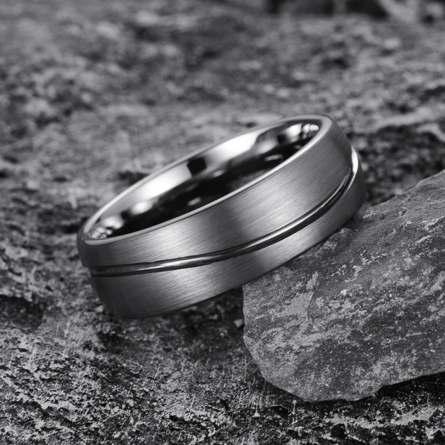 8mm Silver Tungsten Rings - Grooved Irregular Design - Ouyuan Factory