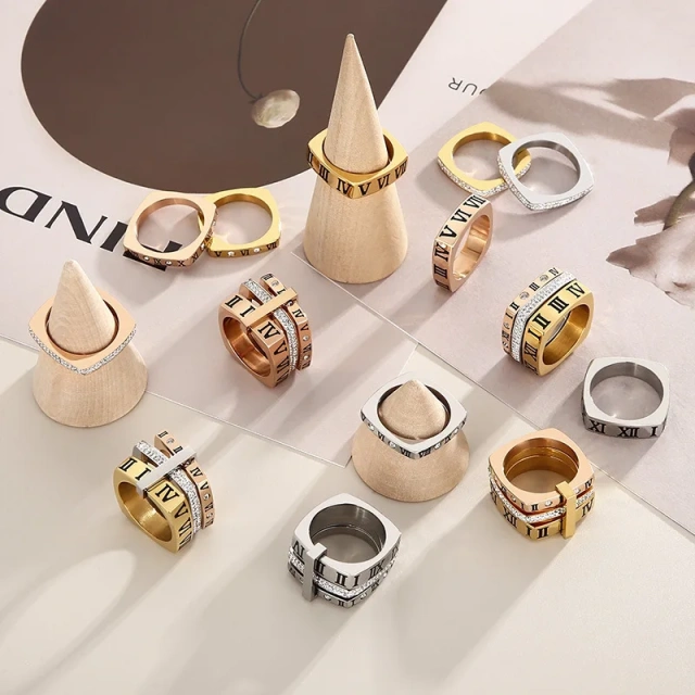 Wholesale Dropshipping Square Combination Inlay Wedding Cubic Zirconia Roman Numerals Stainless Steel Jewelry Rings