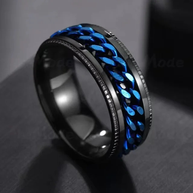 Tik Tok Cool Chain Inlaid Stainless Steel Spinner Rings Popular Wide Stress Relieving Anxiety Fidget Rings for Men