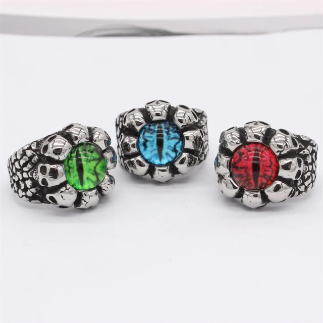 Custom Design Titanium Steel Green/ Blue/ Red Eye Stone Skull Mens Ring Stainless Steel Jewelry for Men Fashion Rings