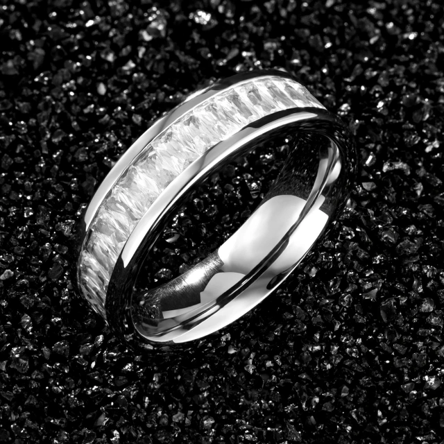 Manufacturer Custom Zircon Crystal Inlay 8mm Stainless Steel Fashion Cubic Zirconia Rings