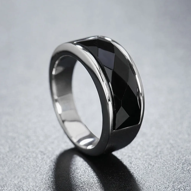 2024 Guangzhou Fashion Rings Natural Black Stone Stainless Steel Silver Rings for Men Wedding Rings