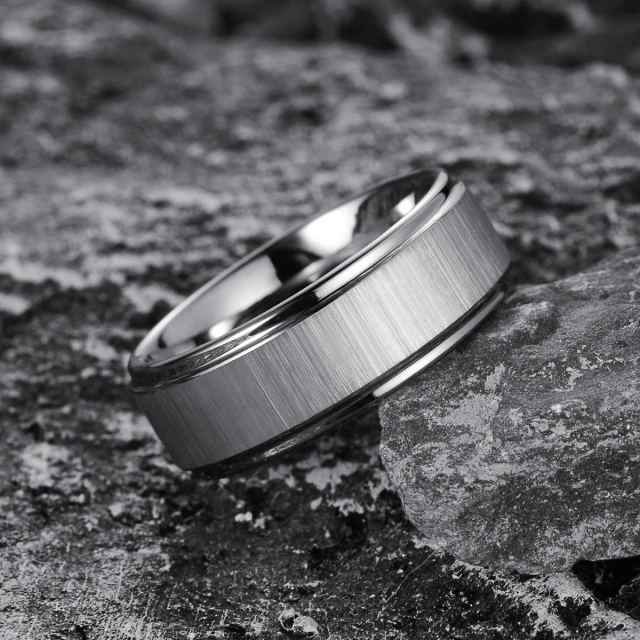 RTS High Quality 8mm Silver Matte Finish Grooved Tungsten Wedding Band for Men Women With Beveled Edges Men Rings Jewelry
