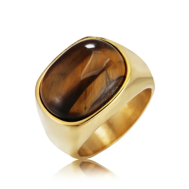 In Stock Men Titamuim Steel Punk Silver Gold Plated Ring for Men Natural Stone Rings With Black Stone and Tiger Eye Stone