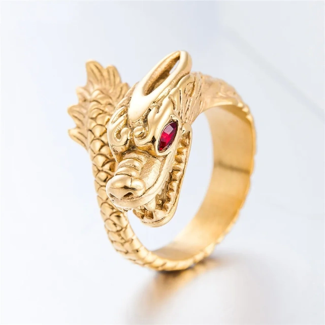 Gold Chinese Dragon Long Ring for Men Women Unisex Punk Hip Hop Alloy Rings Vintage Cool Jewelry