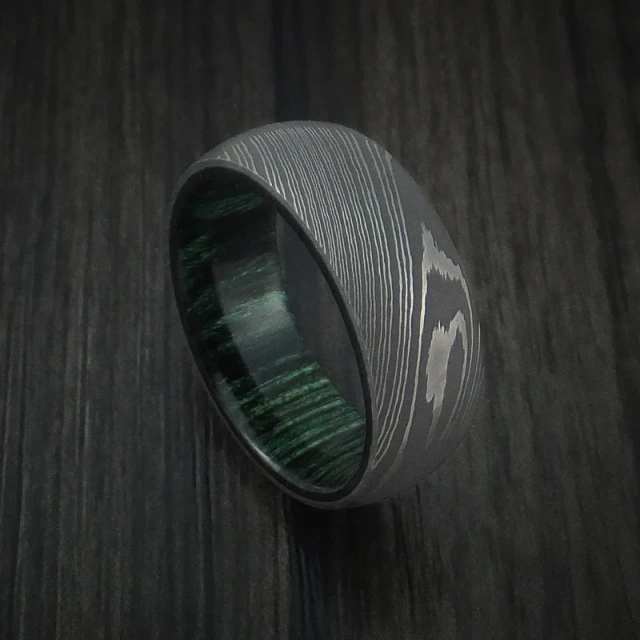 Custom Handmade Damascus 8mm Fashion Jewelry for Men Black Damascus Steel Ring Wood Inlay Damascus Ring