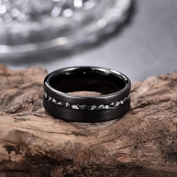 Black Plated Tungsten Ring - Meteorite Stone Inlay - Men Fashion