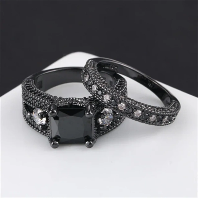 Gothic Black Plated CZ Zircon Diamond Titanium Steel Jewelry Men and Women Couples Wedding Rings