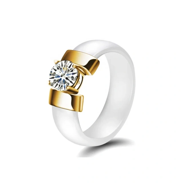 Simple Black and White Ceramic Ring with Zircon for Unisex