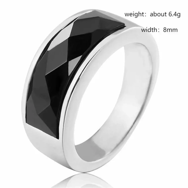 2024 Guangzhou Fashion Rings Natural Black Stone Stainless Steel Silver Rings for Men Wedding Rings