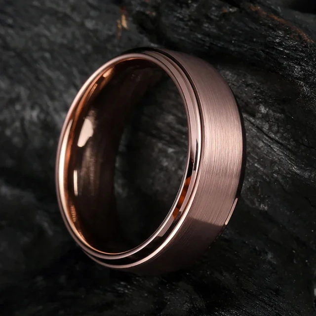 8mm Rose Gold Plated Tungsten Rings - Brushed Stepped Beveled
