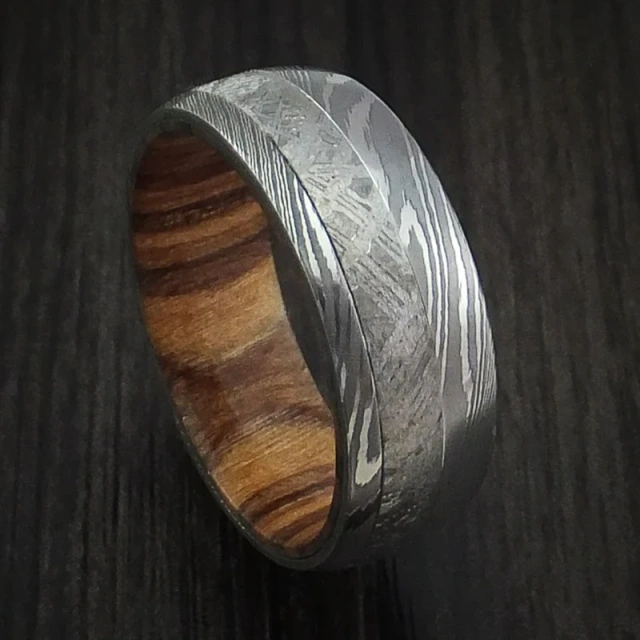 Factory Sell Custom Damascus Steel Ring with Wood Inlay Mens Wedding Rings