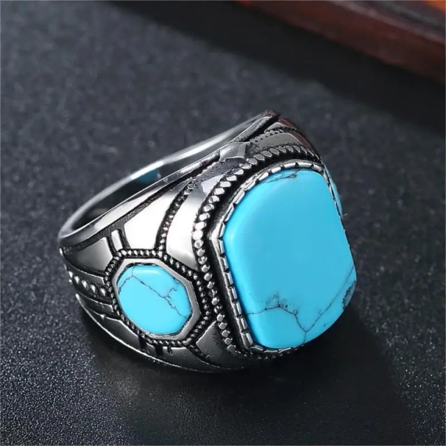 Fashion Cheap Price Man Punk Jewelry Turquoise Stone Stainless Steel Silver Plated Ring Men
