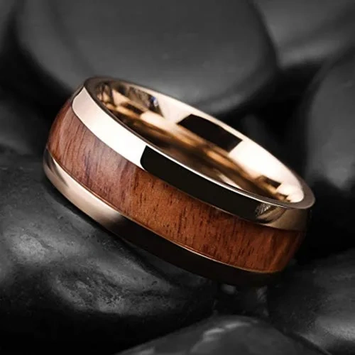OEM Logo 18K Gold Plated Tungsten Carbide Cock Ring for Men Women Wedding Band Fashion Jewelry Whisky Barrel Wood Inlay