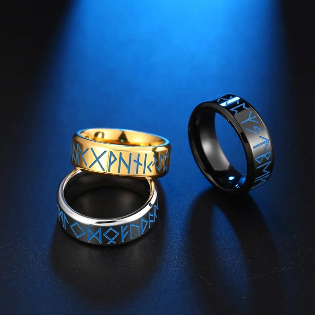 In Stock Simple European Style Men's Ring Jewelry 8MM Engraved Nordic Viking Luminous Glow Ring Stainless Steel Rings