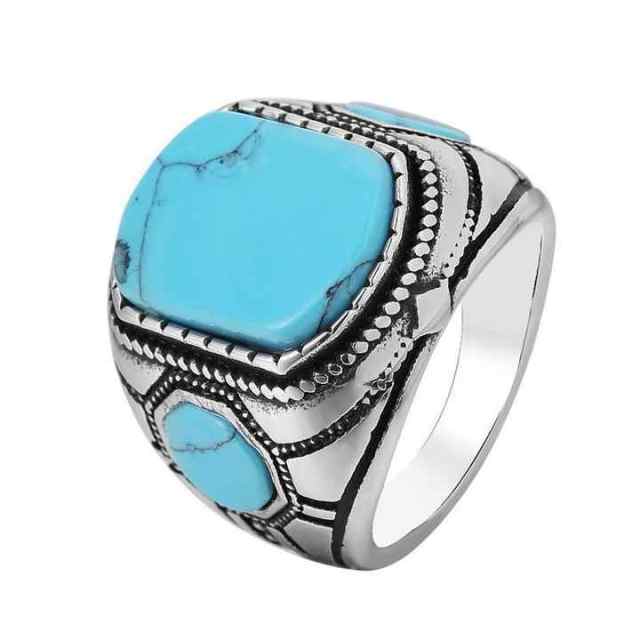 Fashion Cheap Price Man Punk Jewelry Turquoise Stone Stainless Steel Silver Plated Ring Men