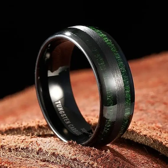 Wholesale Price Dome Surface Mens Tungsten Rings Green Inlay Green Wood Men Ring
