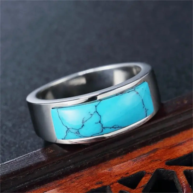 Guangzhou Fashion Jewelry Titanium Steel Blue Pine Stone Stainless Steel Ring Couple Wedding Ring