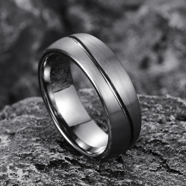 8mm Silver Tungsten Rings - Grooved Irregular Design - Ouyuan Factory