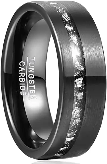 Black Plated Tungsten Ring - Meteorite Stone Inlay - Men Fashion