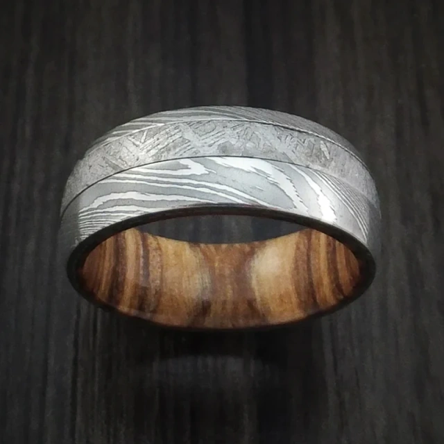 Factory Sell Custom Damascus Steel Ring with Wood Inlay Mens Wedding Rings