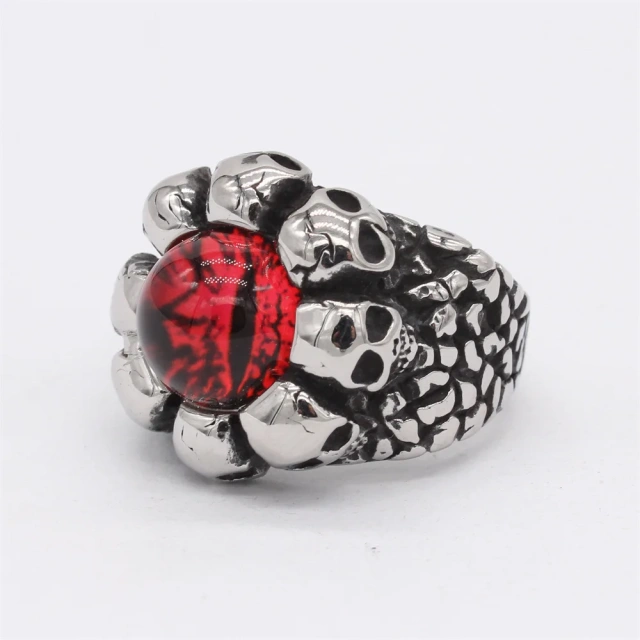 Custom Design Titanium Steel Green/ Blue/ Red Eye Stone Skull Mens Ring Stainless Steel Jewelry for Men Fashion Rings