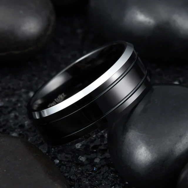 Wholesale Luxury 8mm Beveled Polished Black Tungsten Finger Ring for Men Women Fashion Engagement Wedding Band