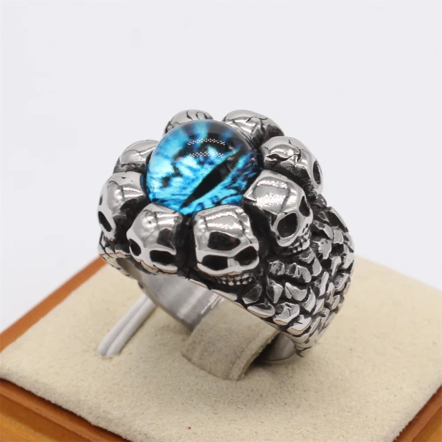 Custom Design Titanium Steel Green/ Blue/ Red Eye Stone Skull Mens Ring Stainless Steel Jewelry for Men Fashion Rings