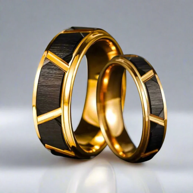 Black and Gold Tungsten Rings 8mm - Grooved Band - Ouyuan Jewelry