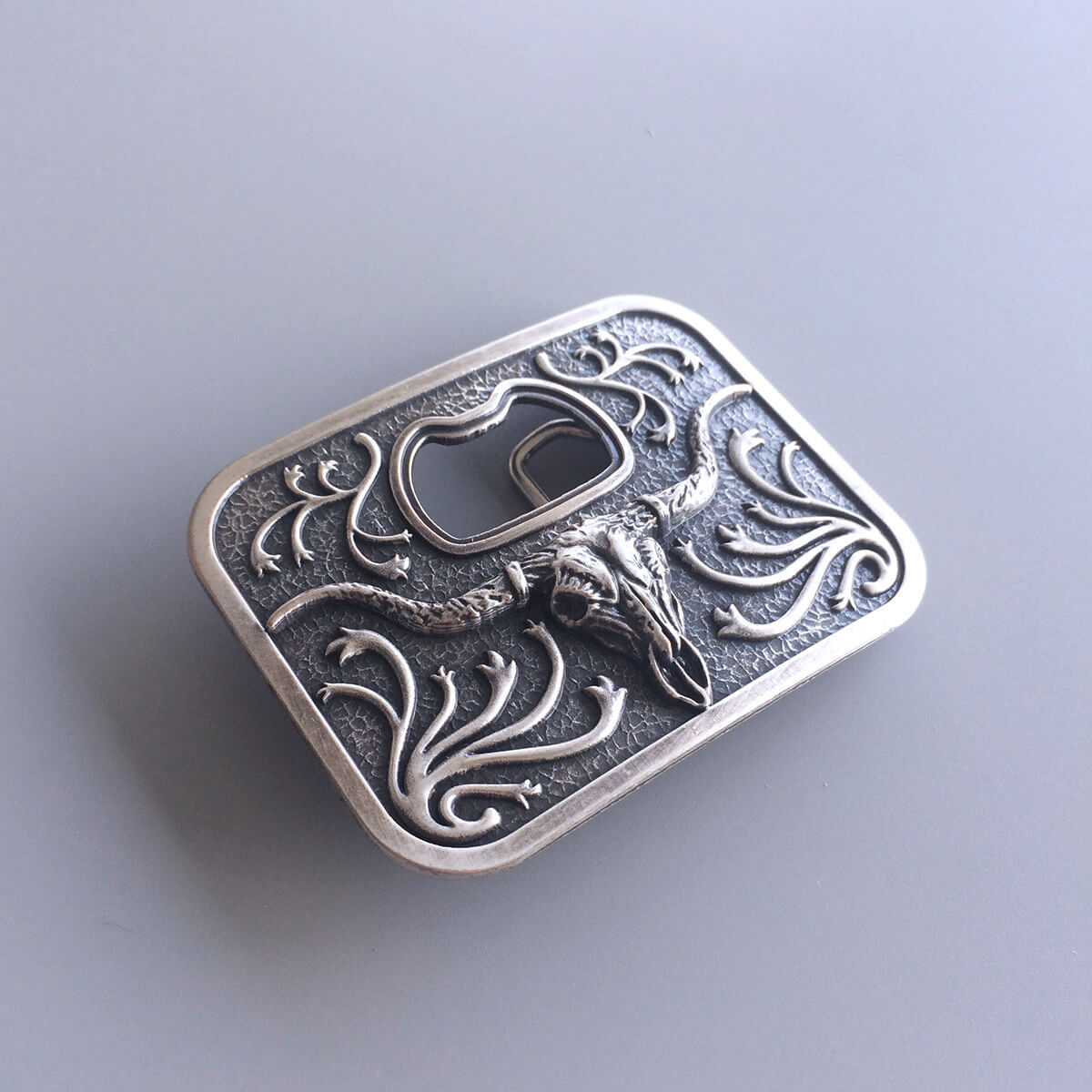 JEAN'S FRIEND Vintage Silver Rodeo Longhorn Bull Bottle Opener Belt Buckle