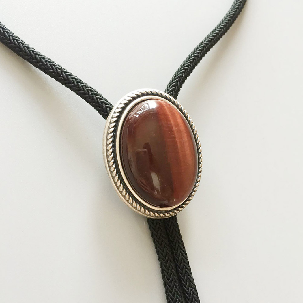 Red Tiger Eye Stone Western Oval Bolo Tie With Braided Fiber Rope BOLOTIE-024SK