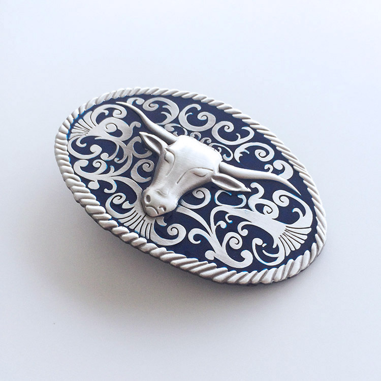 Classic Vintage Blue Enamel Longhorn Bull Western Oval Belt Buckle Gurtelschnalle Boucle de ceinture