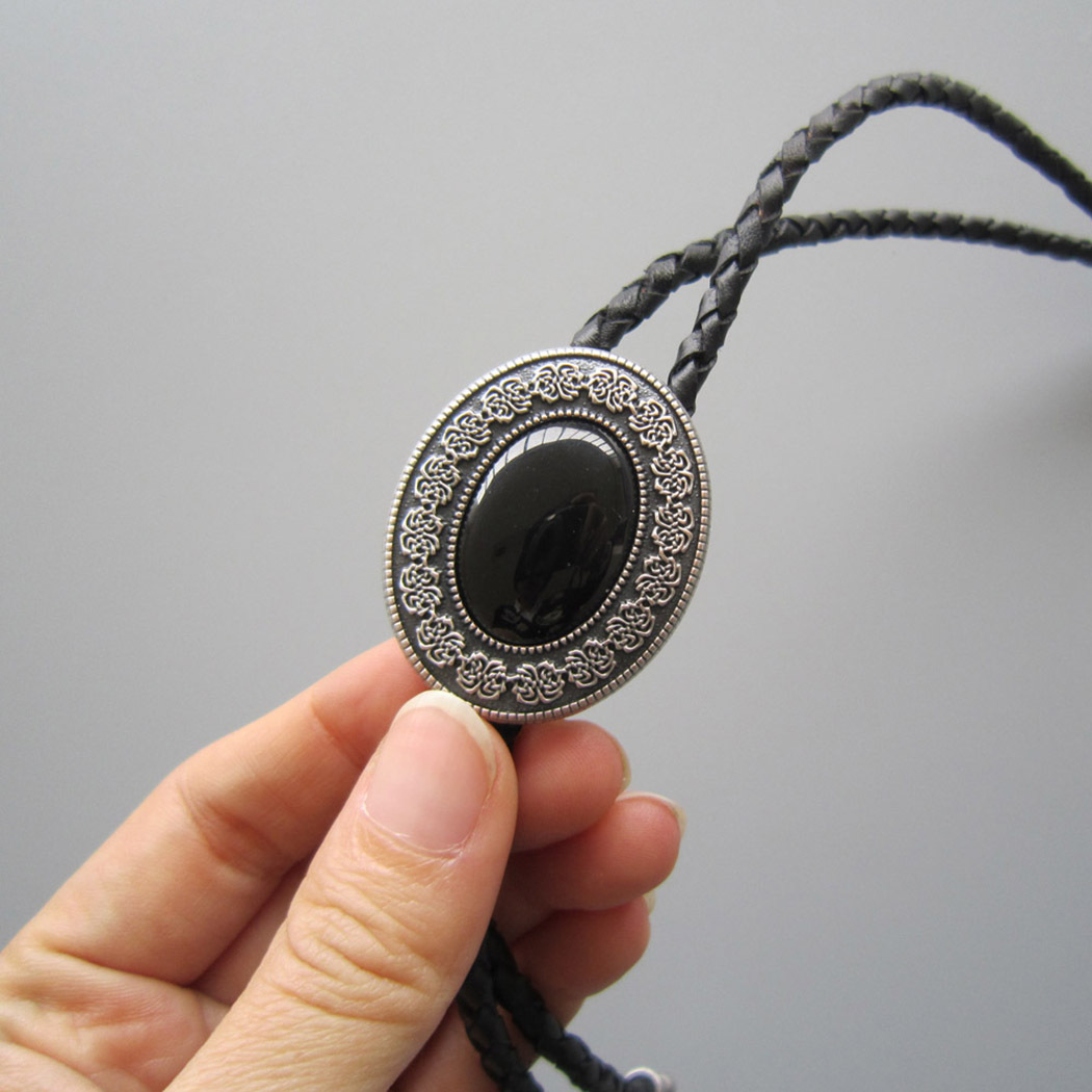 Vintage Silver Black Agate Stone Oval Bolo Tie With Braided Leather Rope BOLOTIE-009SL