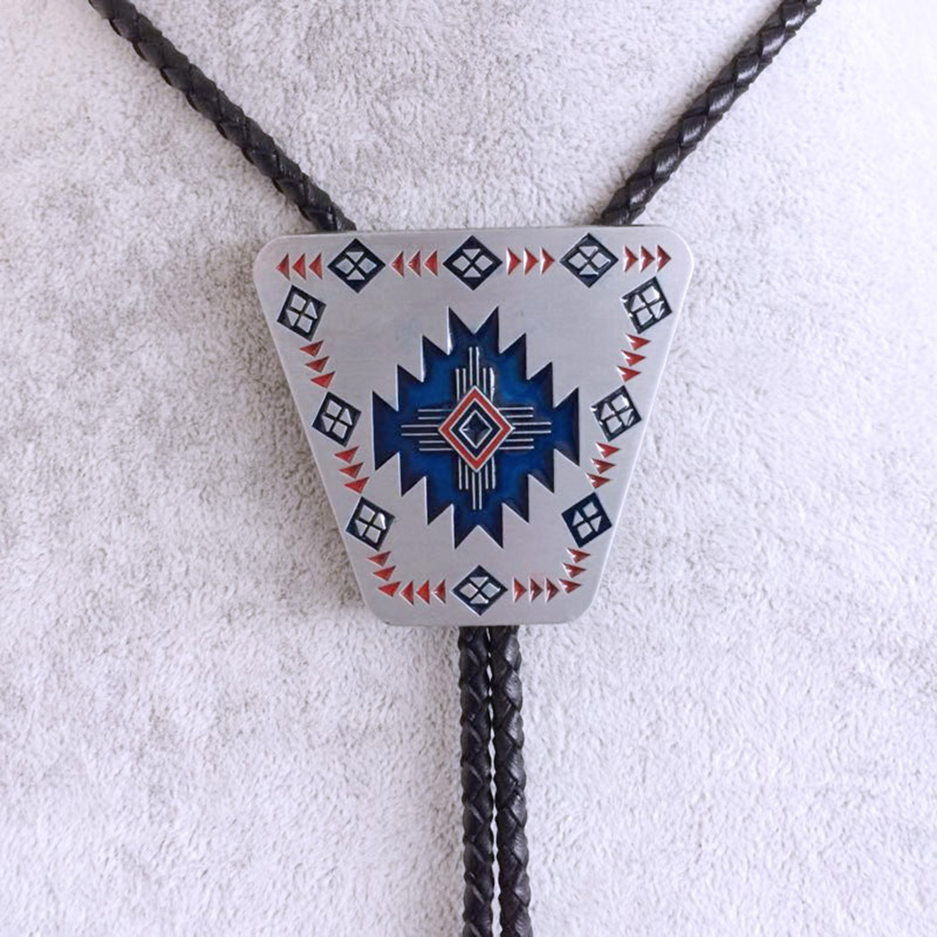 Antique Silver Enamel Western Southwest Totem Bolo Tie BOLOTIE-003