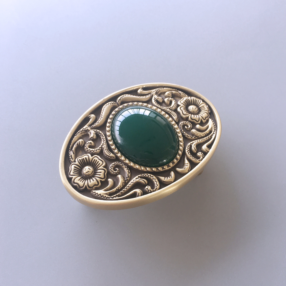New Western Flower Stone Oval Solid Brass Belt Buckle BUCKLE-BT009