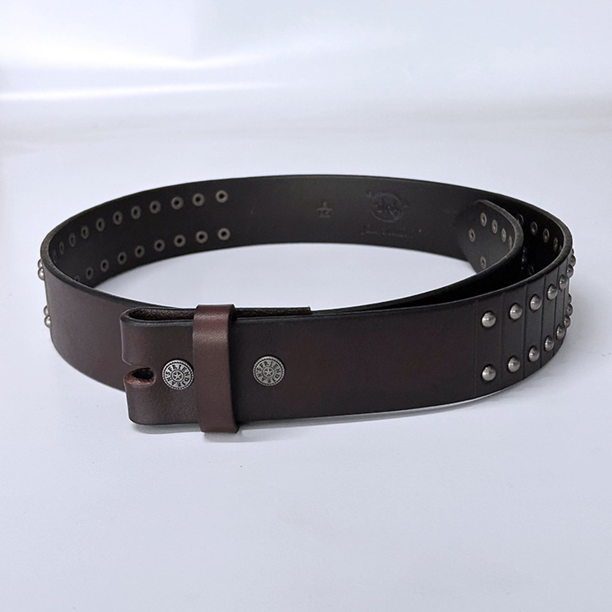 Brown Punk Nails Studded Genuine Leather Belt Brass Snap On Belt BELT1-006BWN
