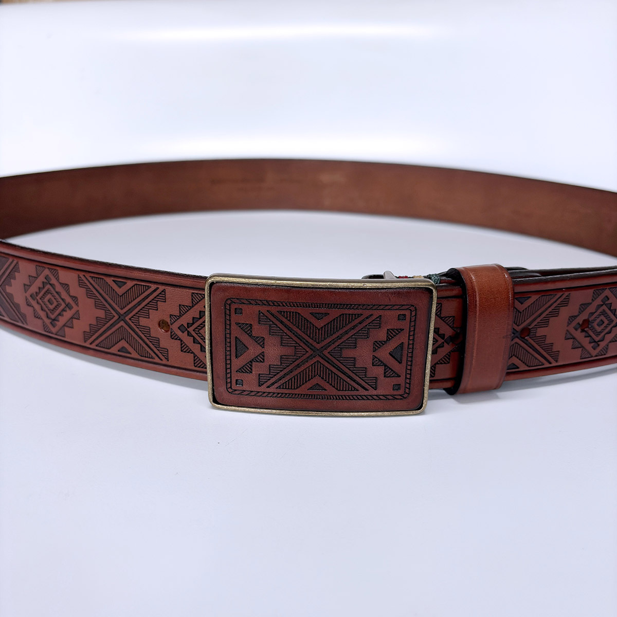Western Southwest Laser Engrave Brown Genuine Leather Belt With Solid Brass Buckle BELT1-028ZW