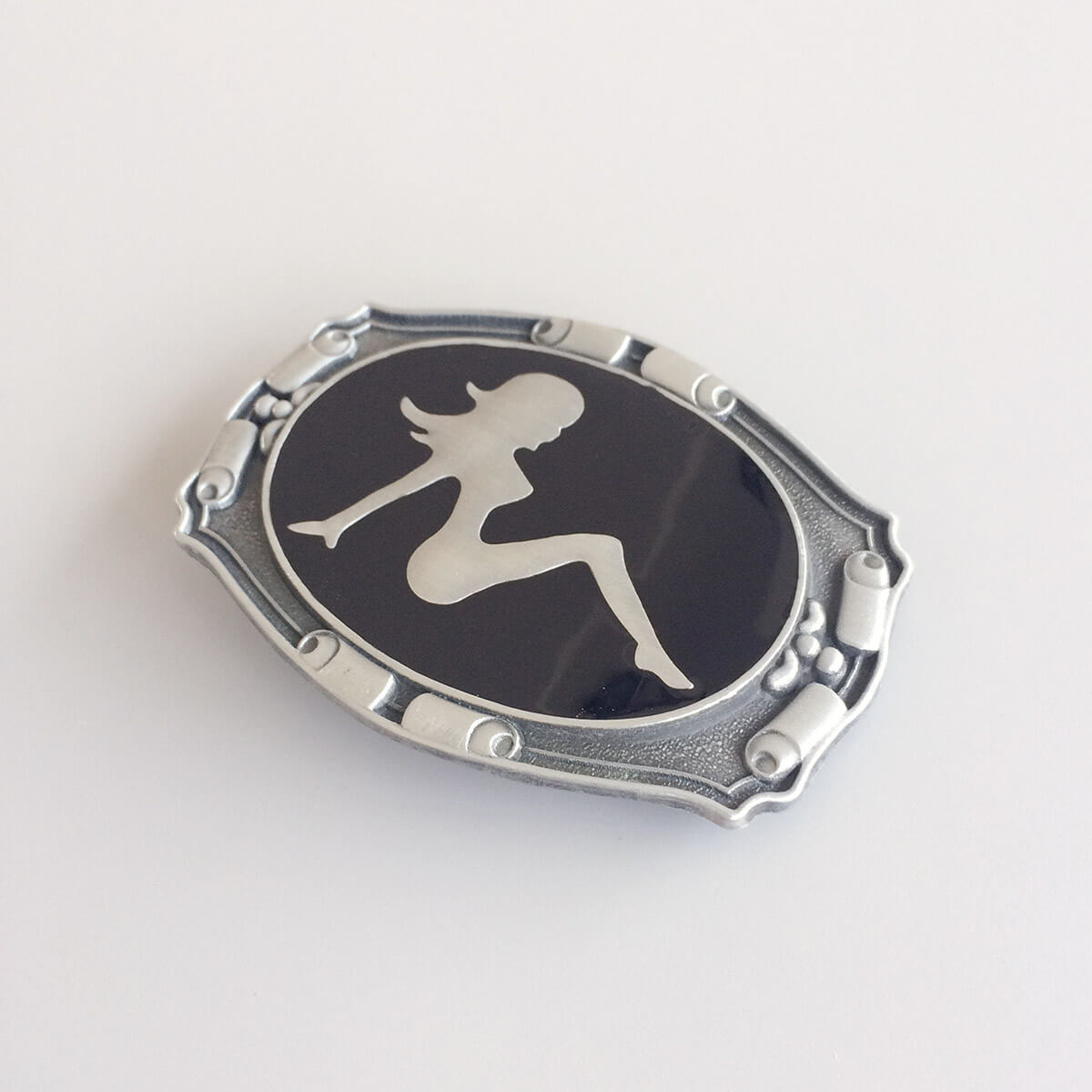 Antique Silver Truck Mud Flap Girl Enamel Belt Buckle also Stock in the US BUCKLE-CA024