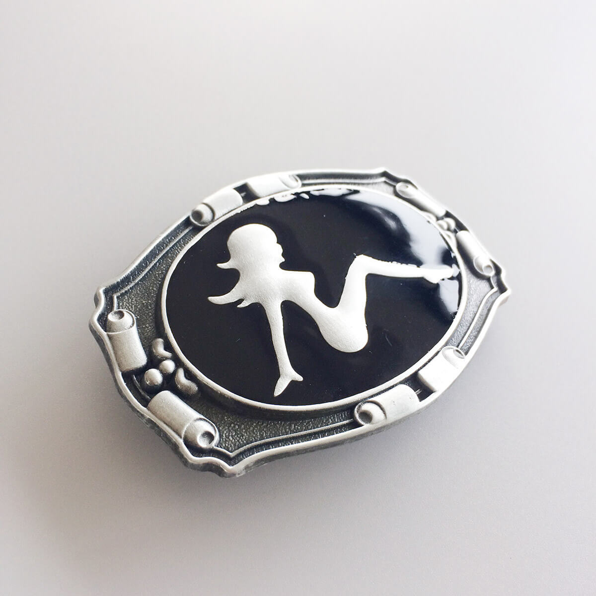 Antique Silver Truck Mud Flap Girl Enamel Belt Buckle also Stock in the US BUCKLE-CA024
