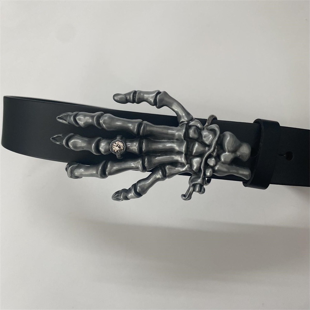 Vintage Style Skull Hand Belt Buckle With Black Genuine Leather Belt BELT-014BK-SK046