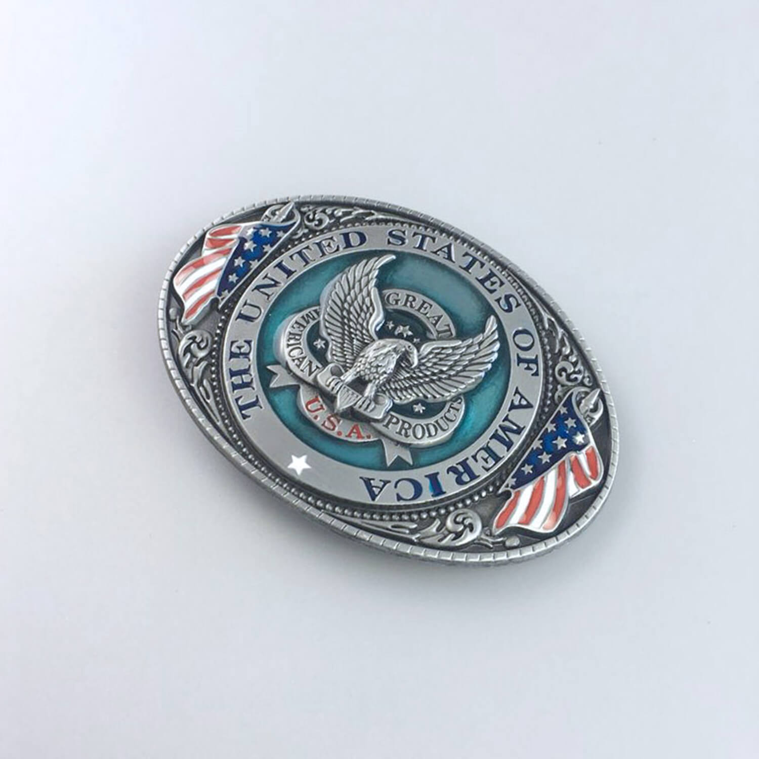 Anitique Silver Plated Enamel Great US Eagle Flag Oval Belt Buckle
