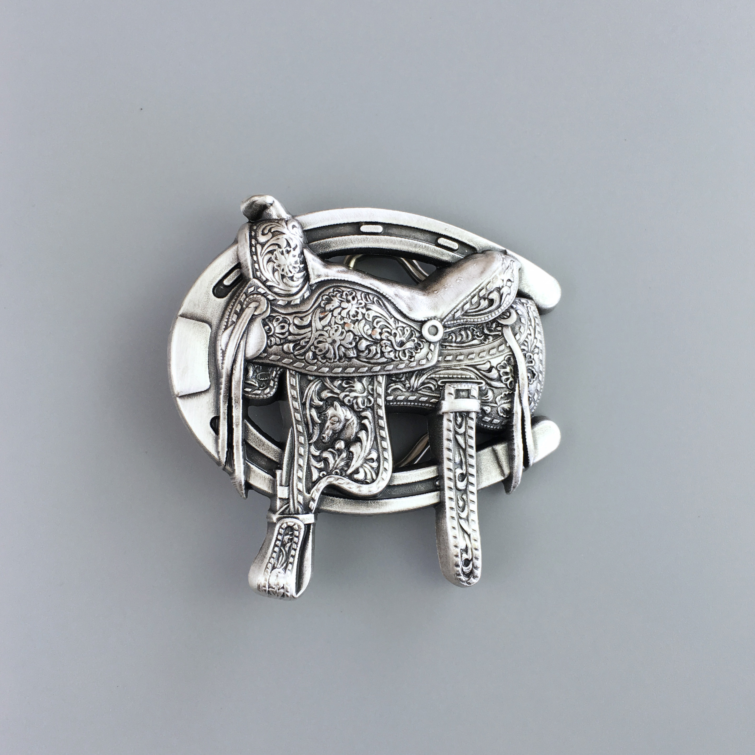 Vintage Silver Plated Saddle Horse Shoe Western Cowboy Cowgirl Belt Buckle