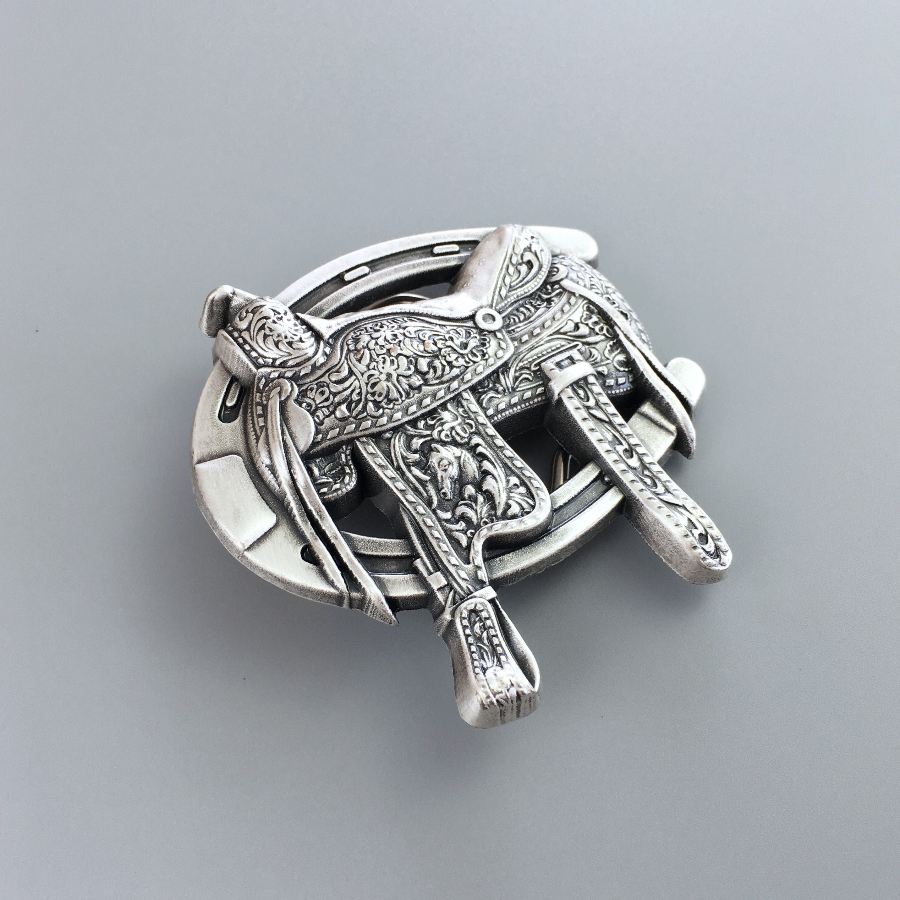 Vintage Silver Plated Saddle Horse Shoe Western Cowboy Cowgirl Belt Buckle