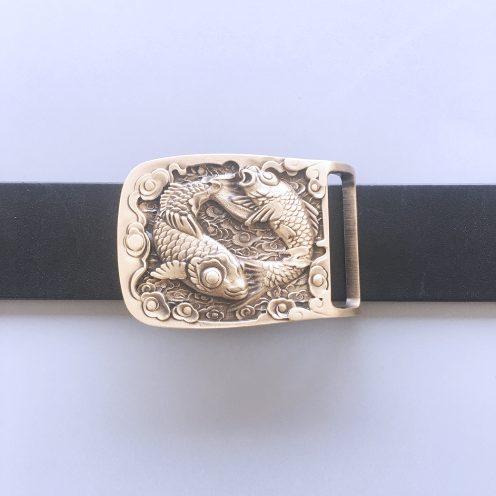 Double Fishes Rectangle Solid Brass Belt Buckle BUCKLE-BS012