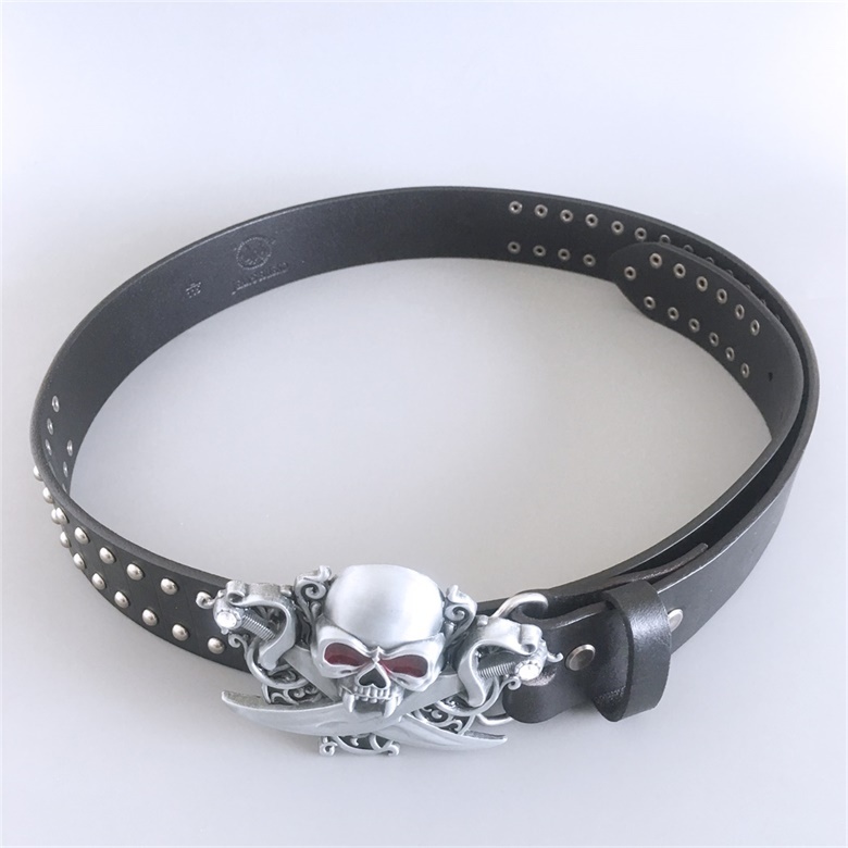Gothic Skull Belt Buckle With Black Studded Genuine Leather Belt BELT-006BK-SK015