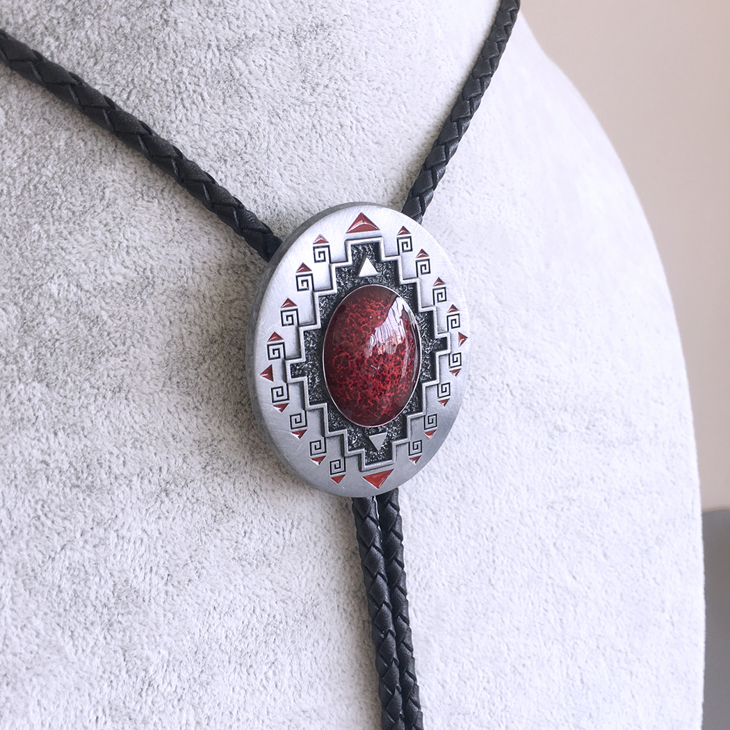 Antique Brushed Silver Southwest Pattern Oval Bolo Tie BOLOTIE-001