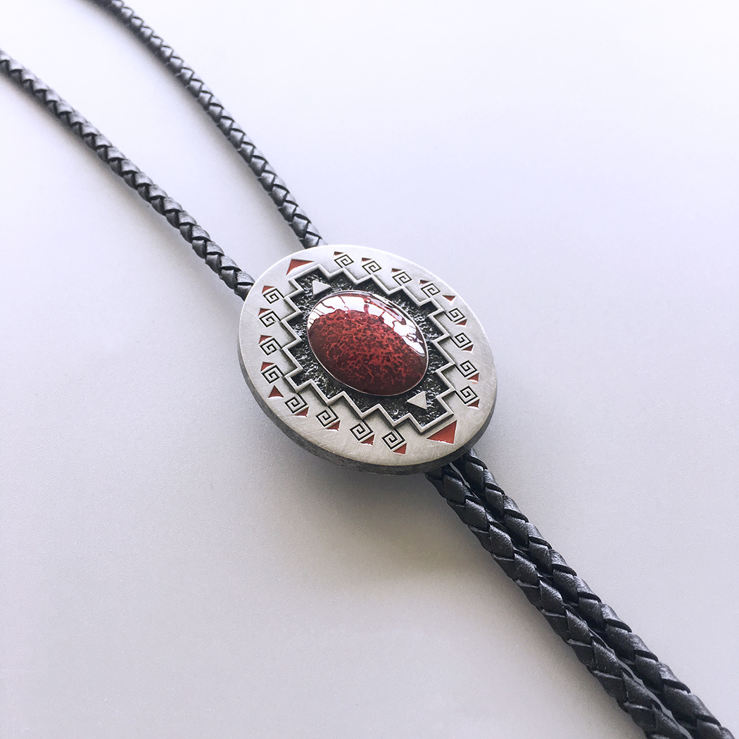 Antique Brushed Silver Southwest Pattern Oval Bolo Tie BOLOTIE-001